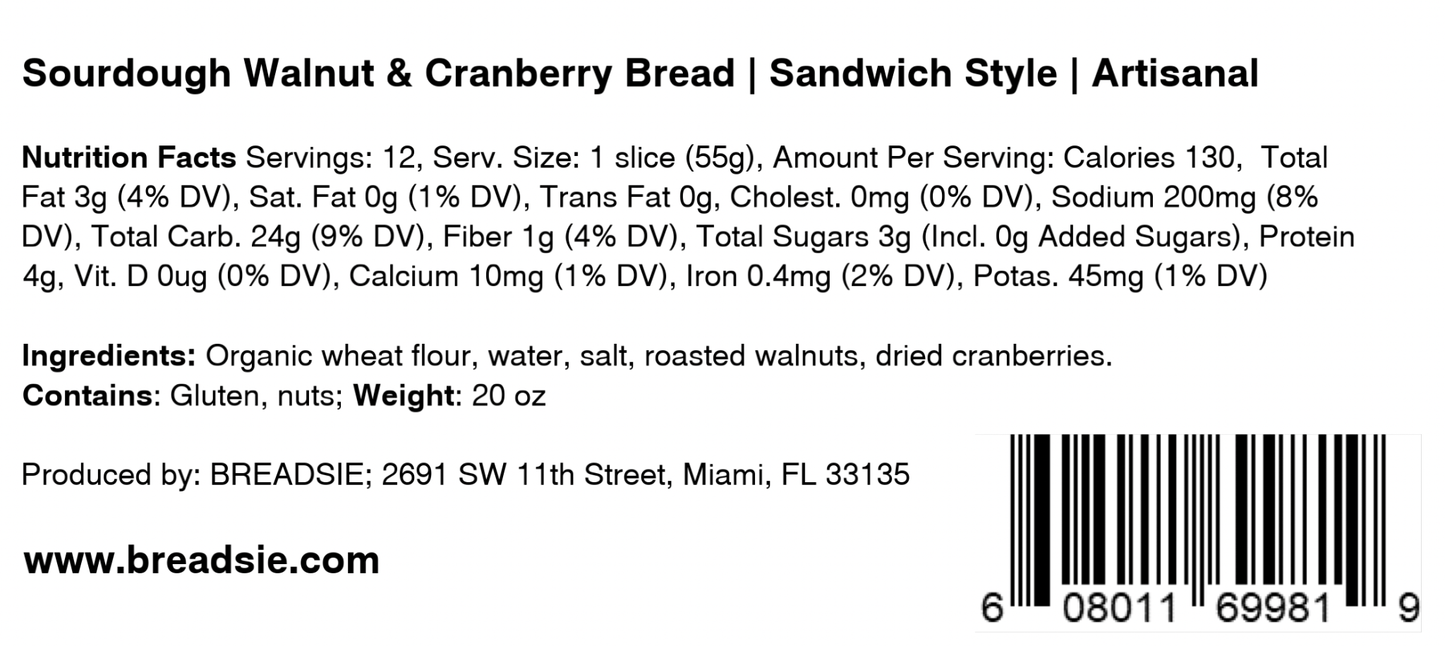 (6 loaves) Walnut & Cranberry | Sandwich Style | Sourdough - BREADSIE Bakery